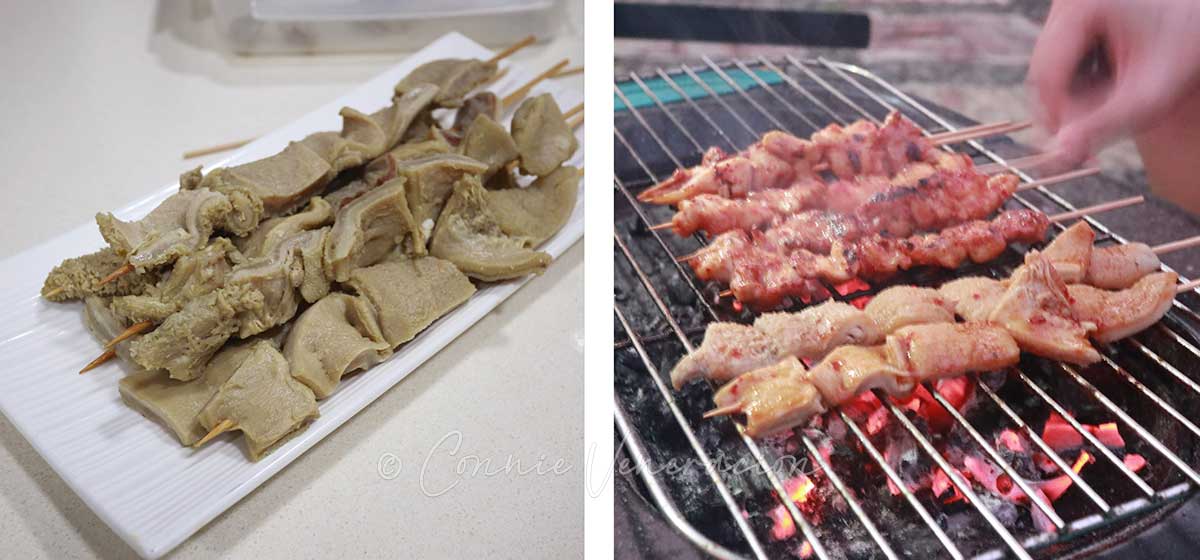 Left: skewered beef tripe before grilling. Right: skewered beef tripe on the grill (and chicken on one side).