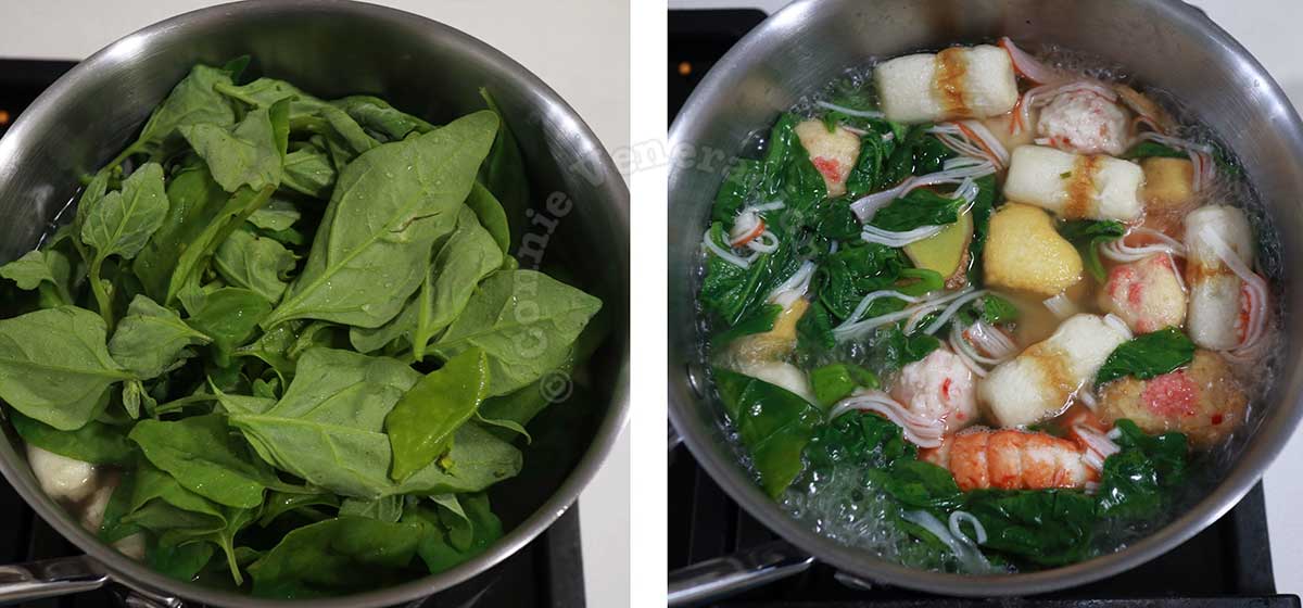 Adding spinach to mixed seafood balls in gingered dashi