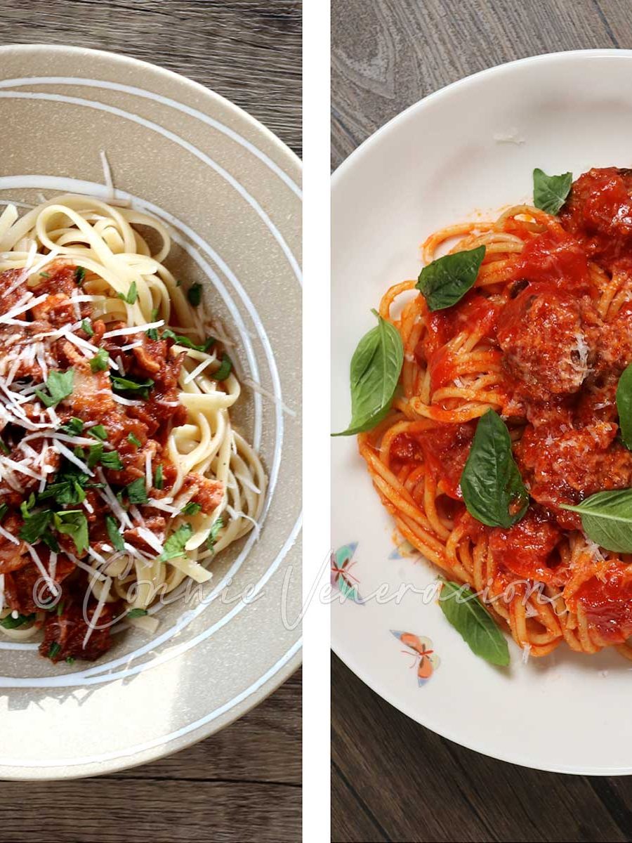 Left: wrong way to serve pasta. Right: correct way to serve pasta
