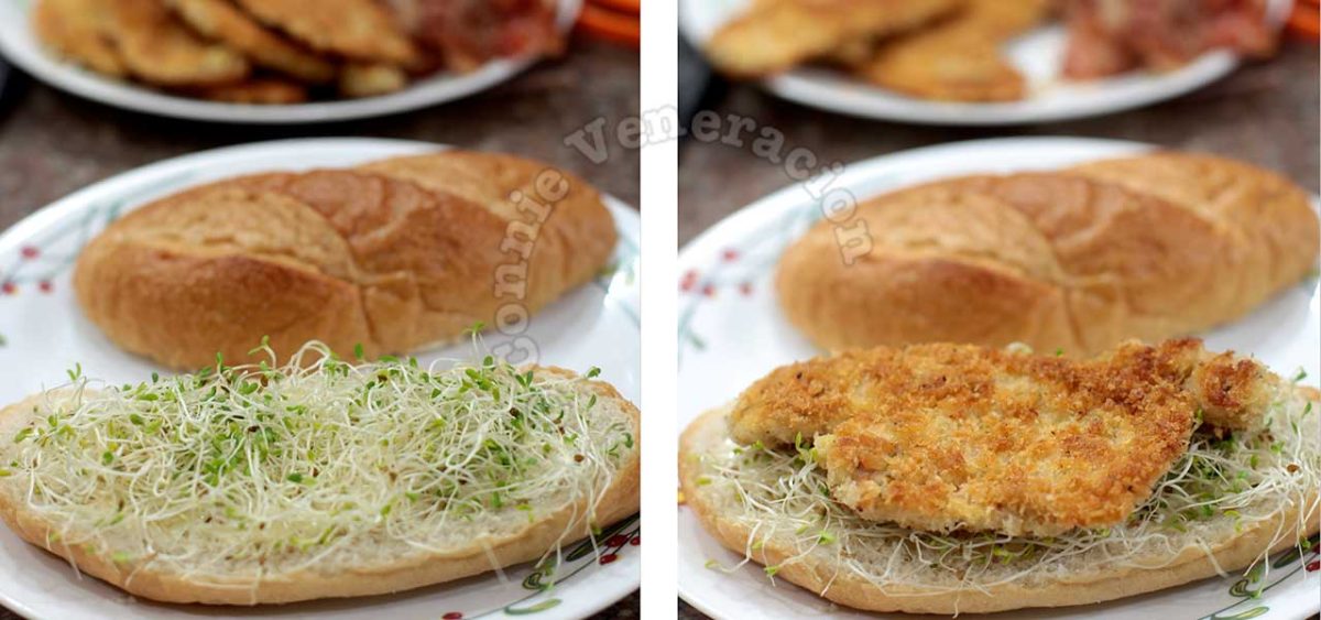 Assembling meat lover's sandwich: lining bottom half of bread with mayo and alfalfa sprouts before dropping in chicken schnitzel
