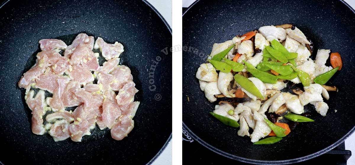 Cooking Moo goo gai pan (chicken and mushroom stir fry) in wok