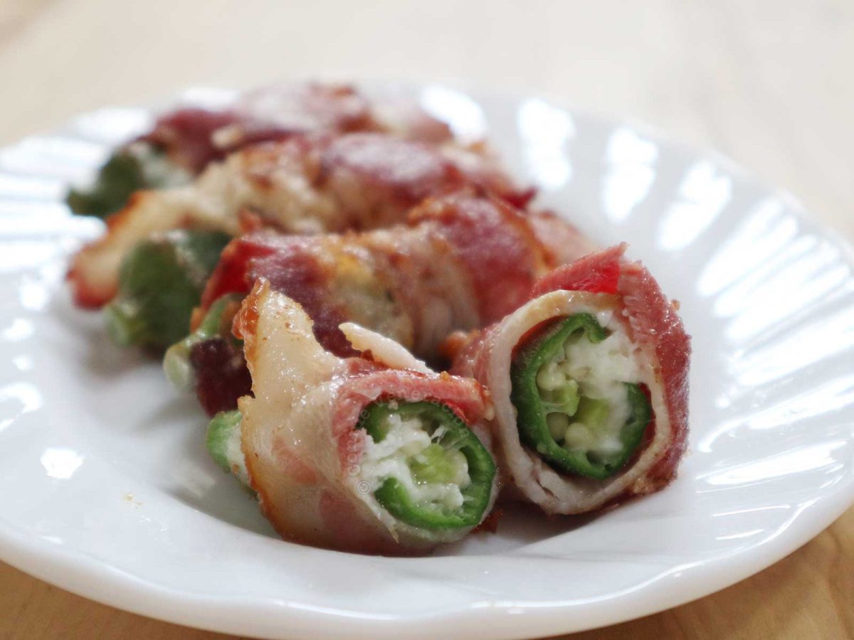 Cross-cut of Cheese-stuffed and bacon-wrapped okra