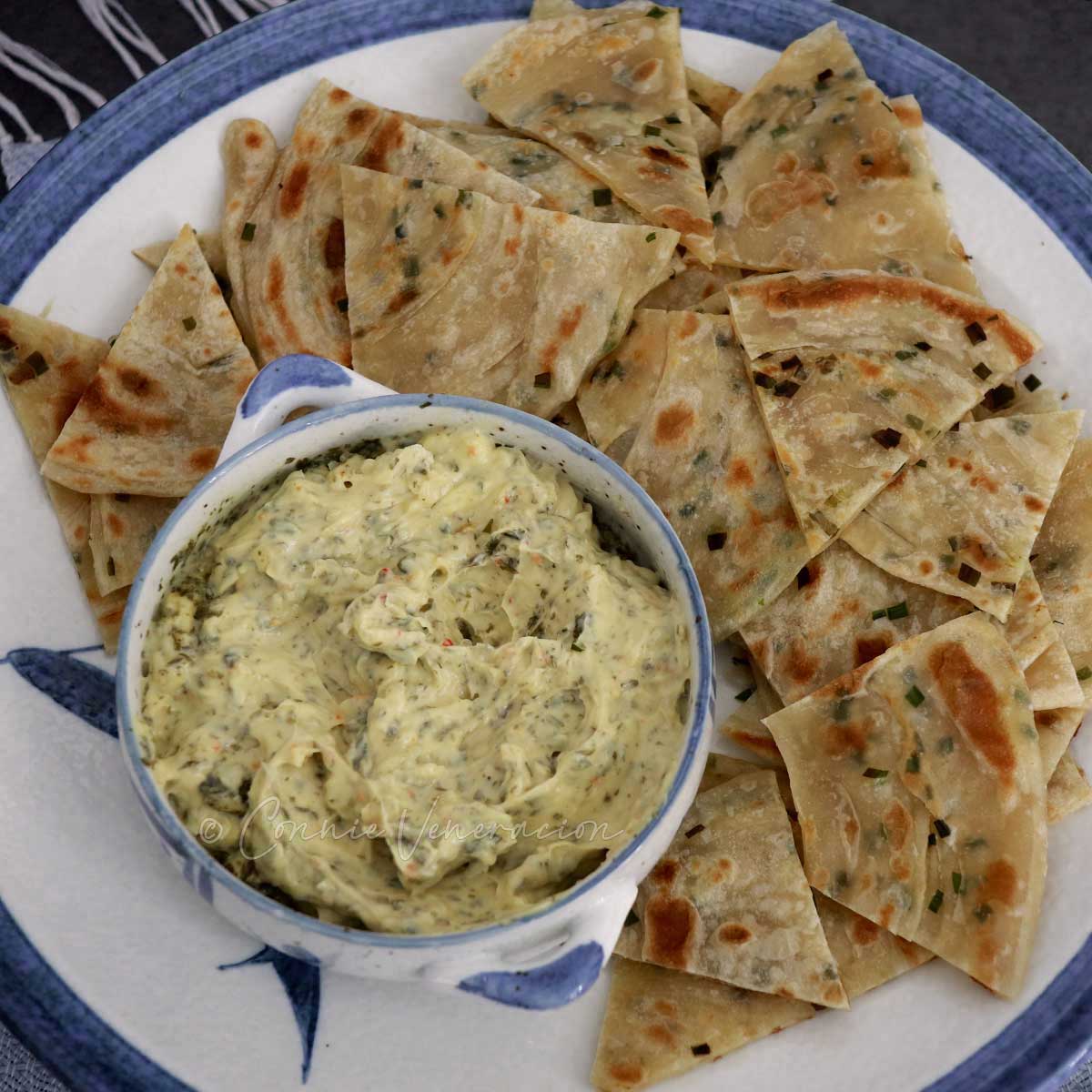 Toasted chives paratha served with spring onion cheese dip