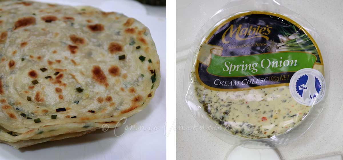 Frozen homemade chived paratha and store bought spring onion cream cheese