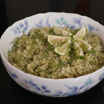 Pesto rice in serving bowl
