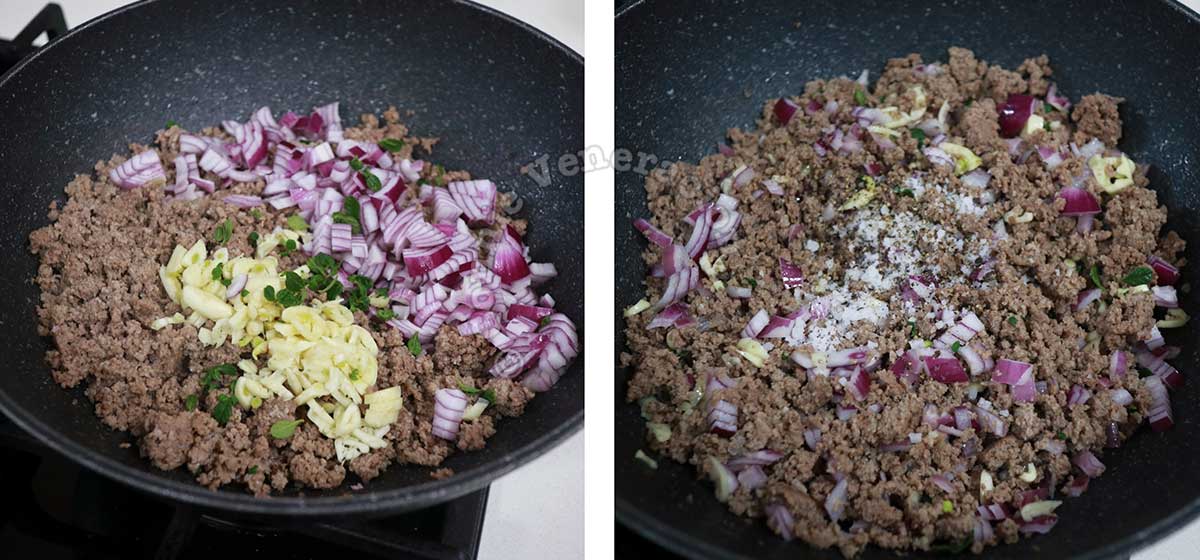 Adding chopped onion, garlic, oregano, salt and pepper to browned ground beef