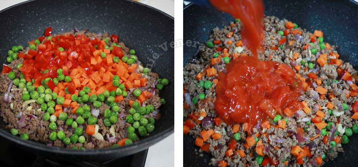 Adding bell pepper, carrot, peas and diced tomatoes to browned beef in pan