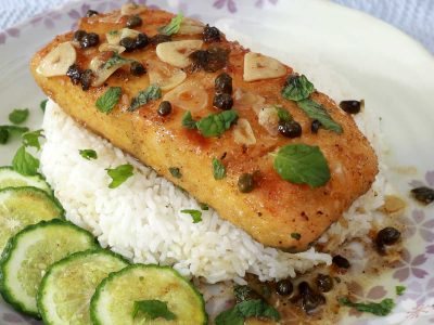 Salmon katsu piccata over rice