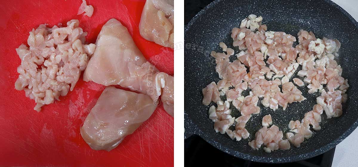 Lightly frying minced chicken