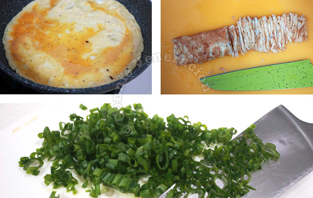 Omelette and finely sliced scallions for soboro don