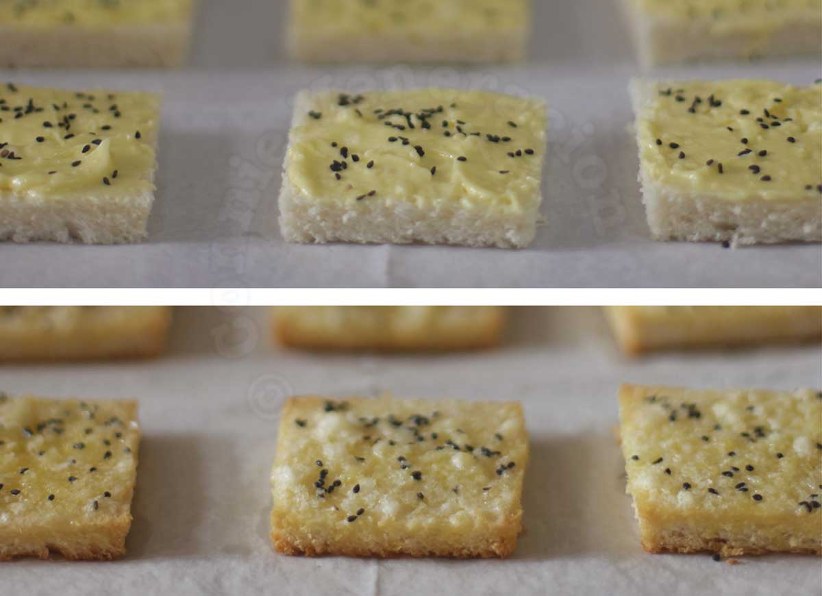 Sweet sesame toast before and after baking