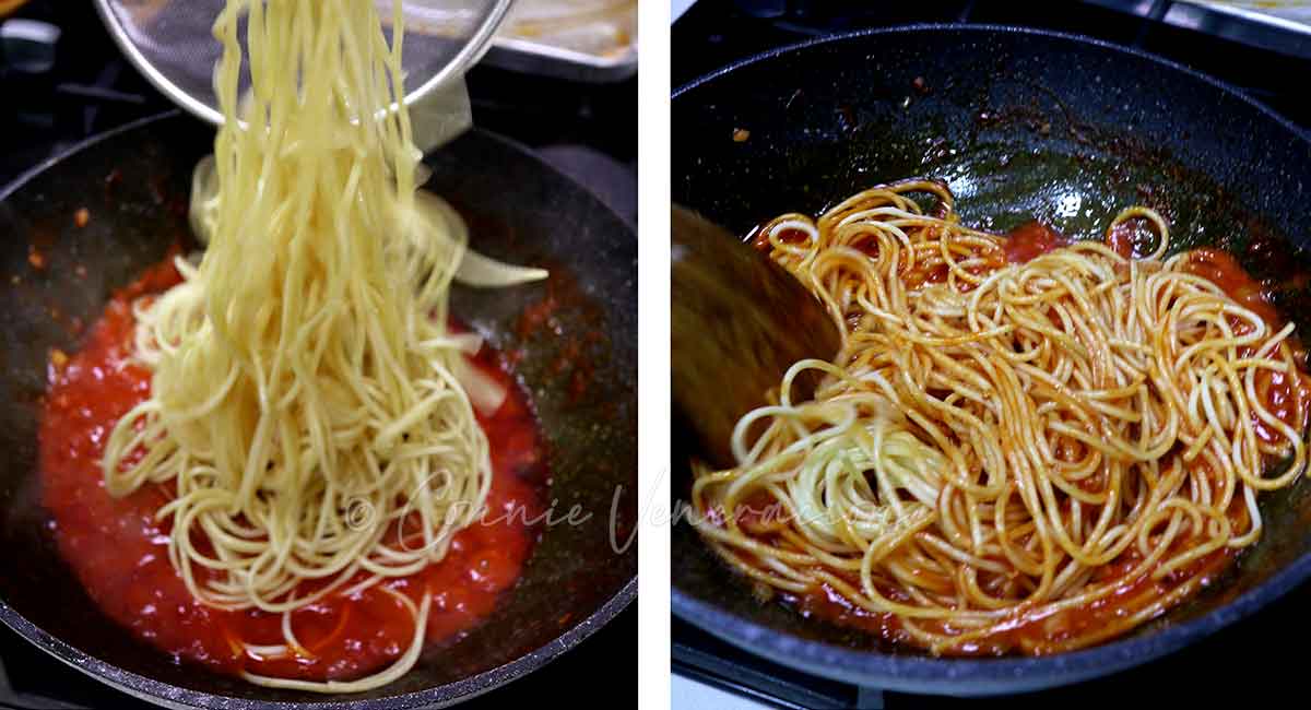 Tossing pasta in simmering sauce in pan