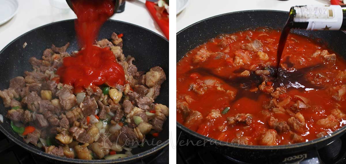 Adding diced tomatoes and red wine to beef in pan