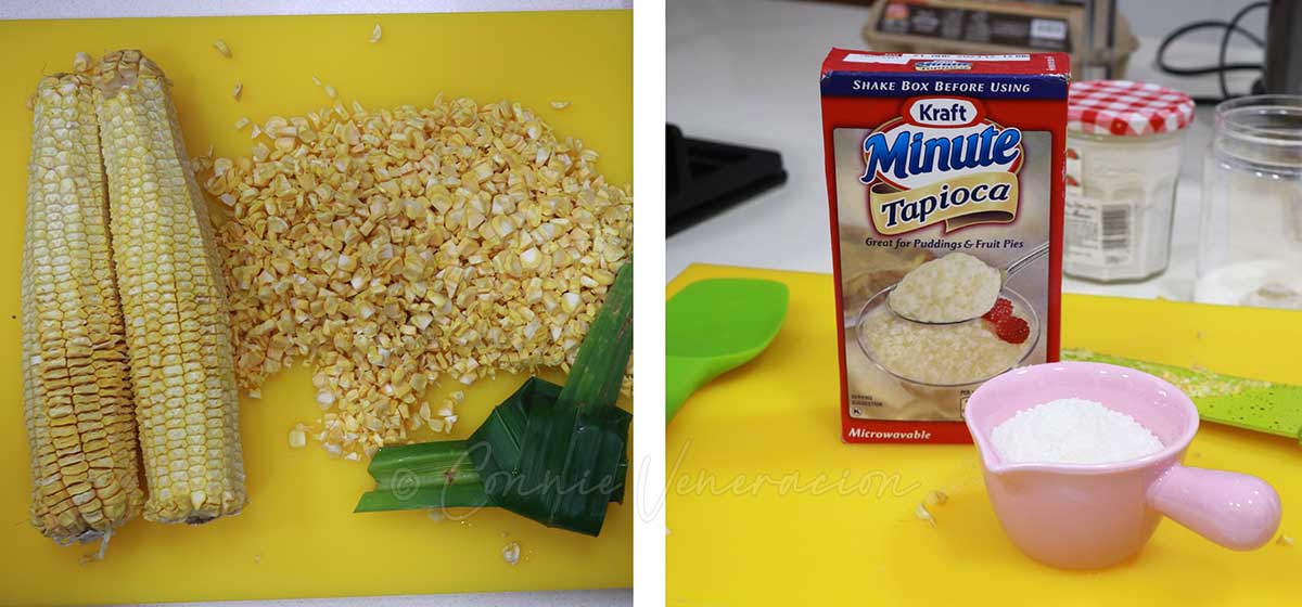 Ingredients for che bap: corn, pandan leaf and tapioca pearls
