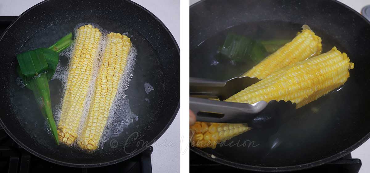 Flavoring water by boiling pandan leaf and corn cobs