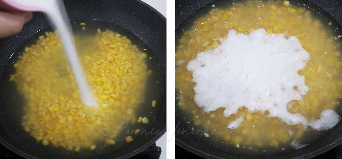 Adding tapioca pearls and coconut milk to corn in pan