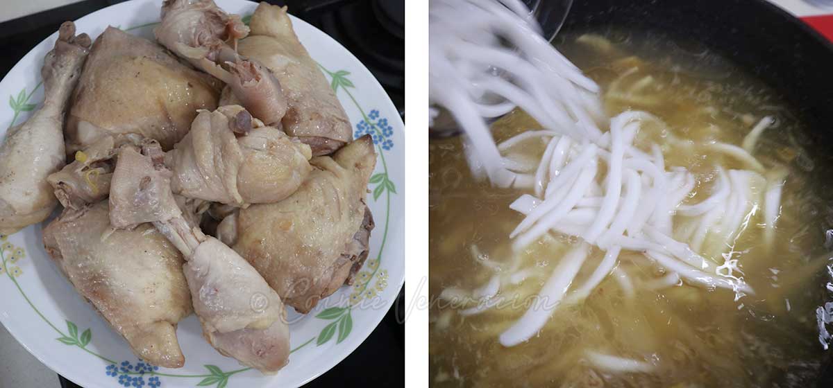 Boiled chicken on plate / adding coconut strips to soup in pot