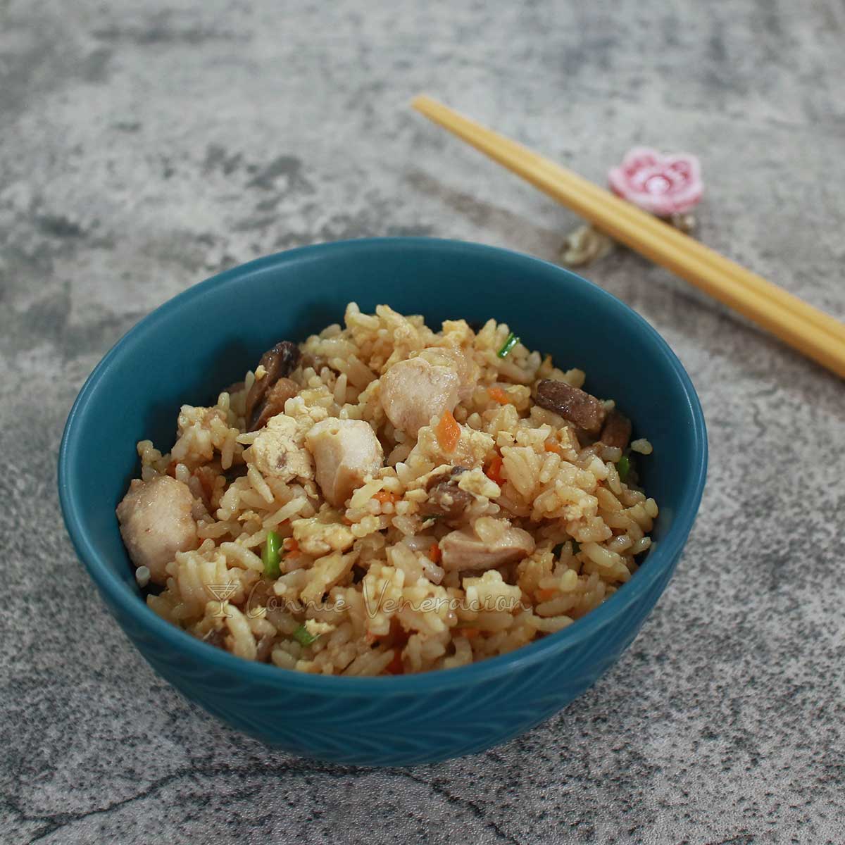 Chicken fried rice in blue bowl