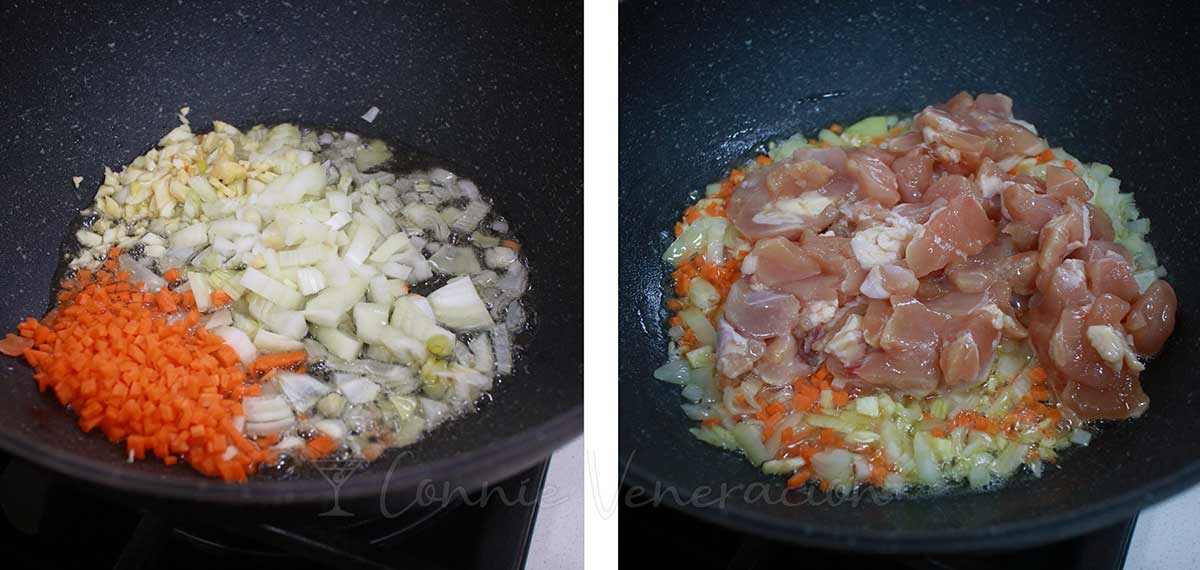 Sauteeing onion, garlic and carrot before adding marinated chicken