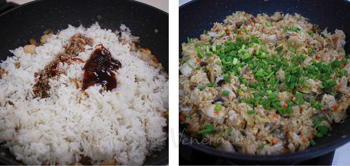 Adding rice to chicken, mushrooms and eggs in pan and seasoning with kecap manis and oyster sauce