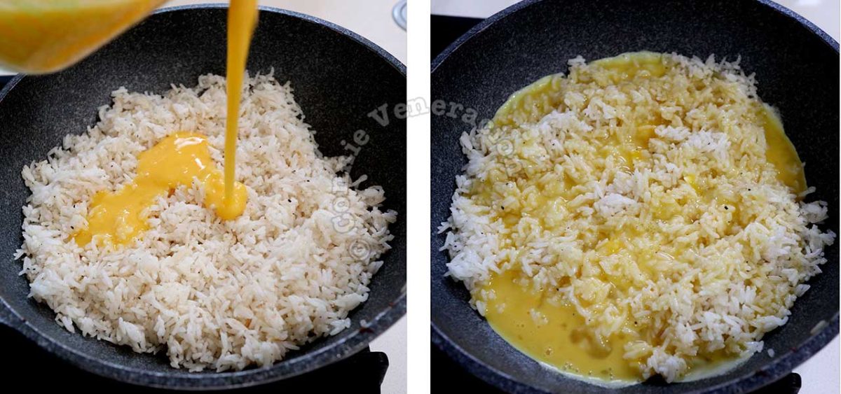 Pouring beaten eggs to rice in wok