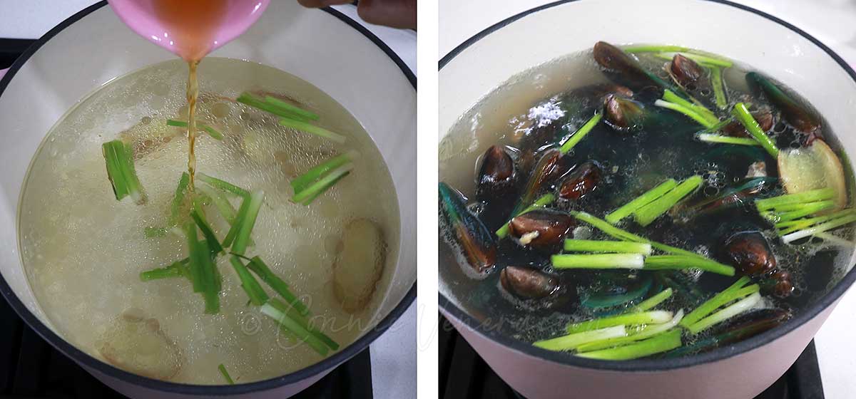 Adding fish sauce to broth / Mussels in broth in pot