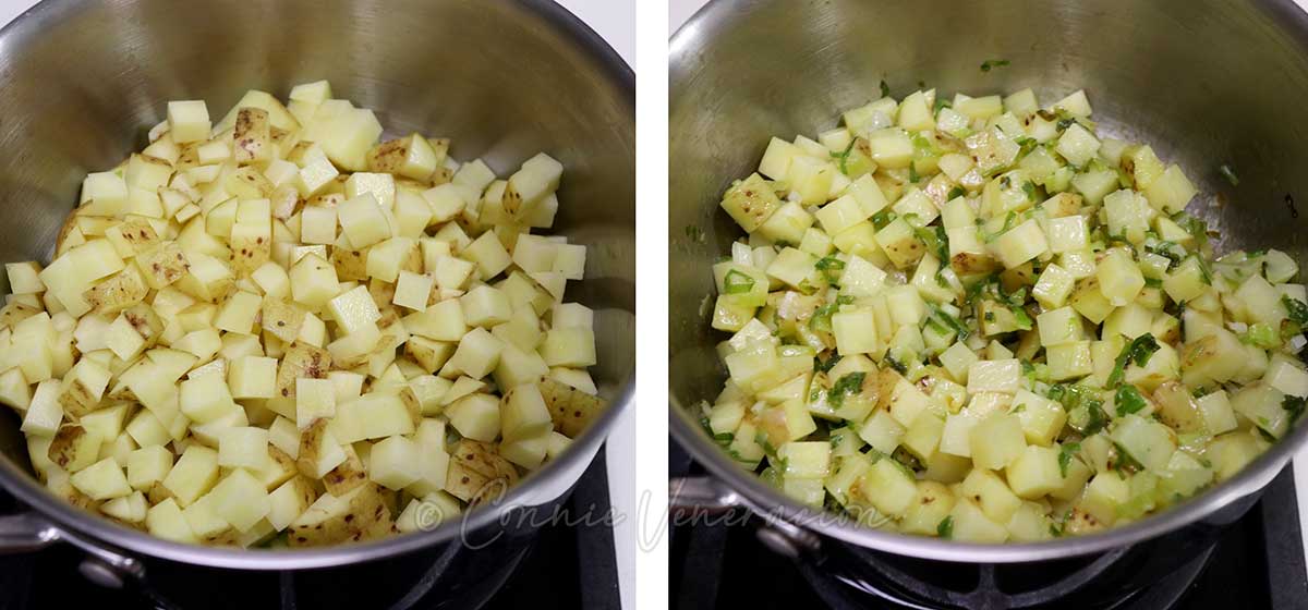 Adding cubed potatoes to sauteed leeks