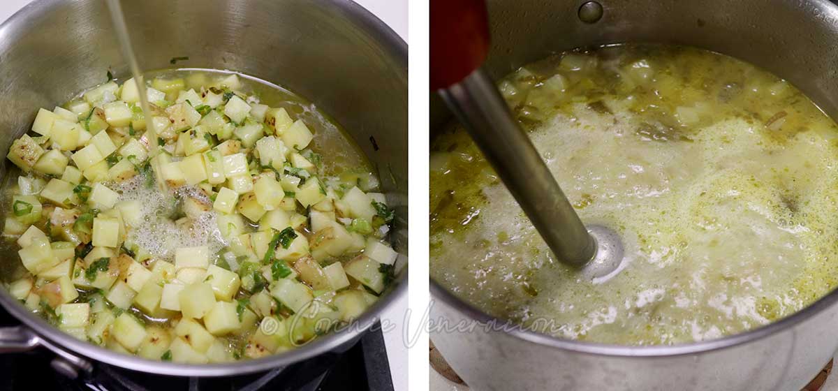Pouring in broth / pureeing leek and potato soup with immersion blender