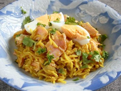 Salted salmon and curry rice a la kedgeree
