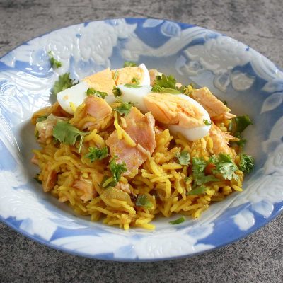 Salted salmon and curry rice a la kedgeree