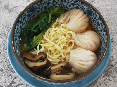 Miso noodle soup with shrimp wonton and shiitake