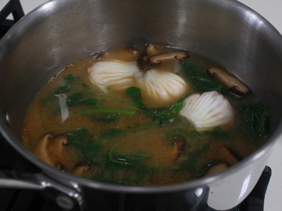 Shrimp wontons, shiitake and spinach miso soup
