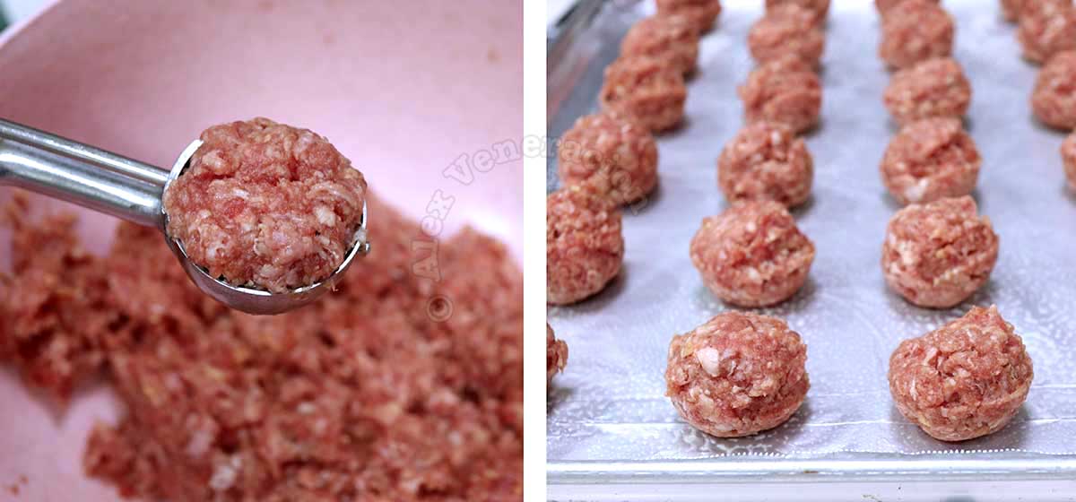 Forming ground beef mixture into meatballs