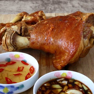Air fried crispy pata (pork hock) with dipping sauces