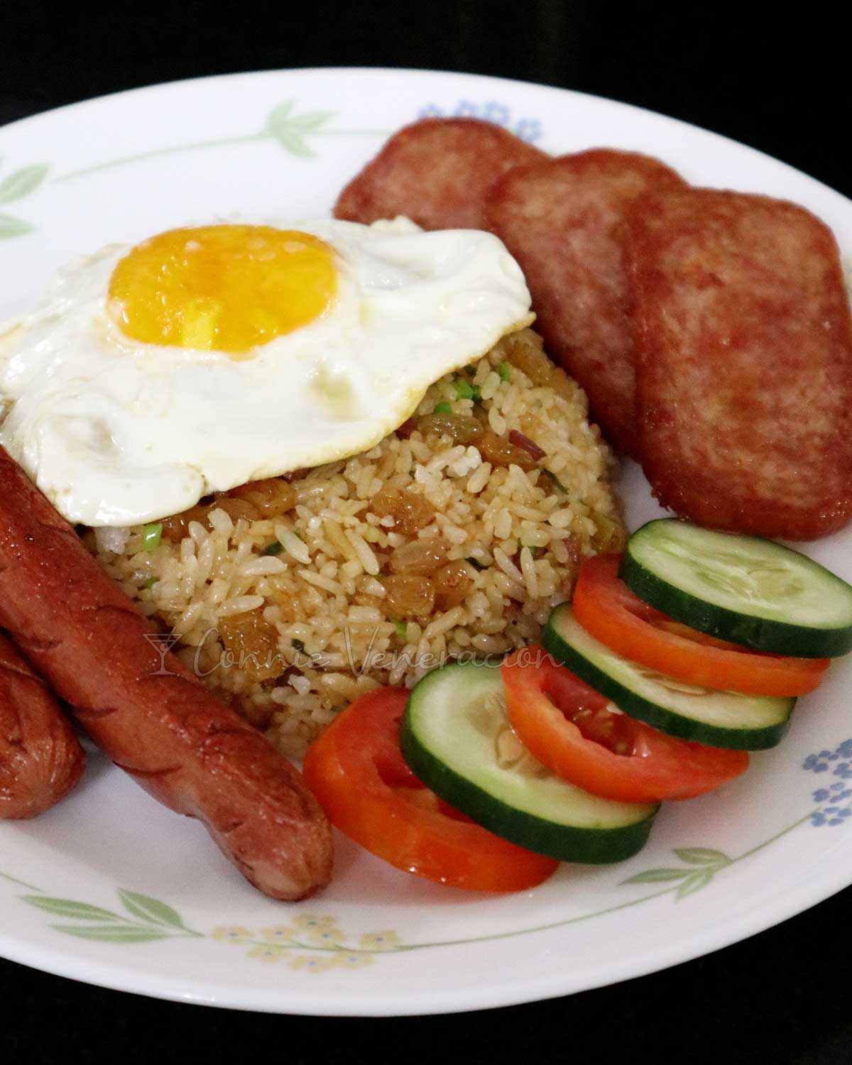 American fried rice (khao phad American) with hotdogs, SPAM and egg