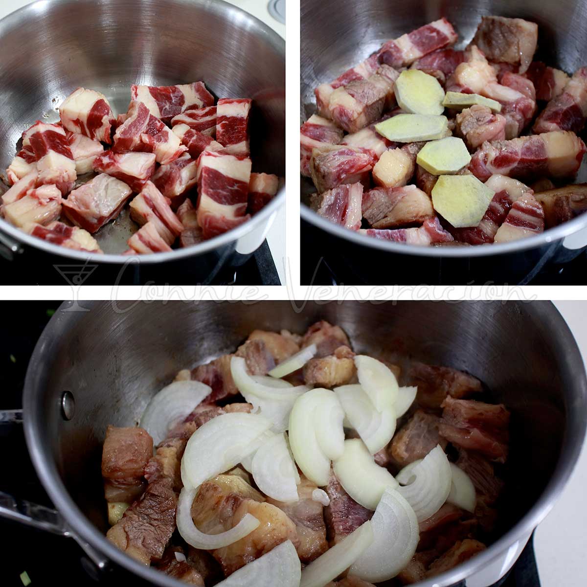 Browning cubes of beef short plate then sauteeing with ginger and onion