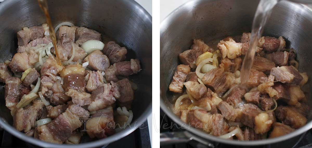 Seasoning beef with fish sauce before pouring in water to make soup
