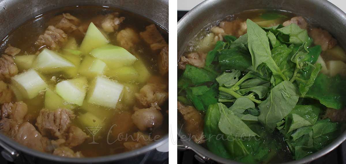 Adding chayote wedges and spinach to beef in ginger broth