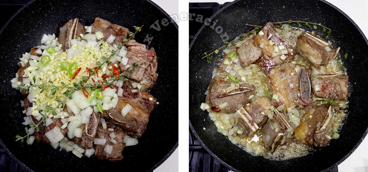 Adding spices to browned beef in pan