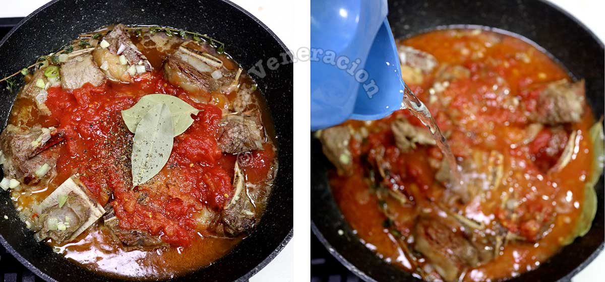 Adding tomatoes, bay leaves and water to browned beef in pan