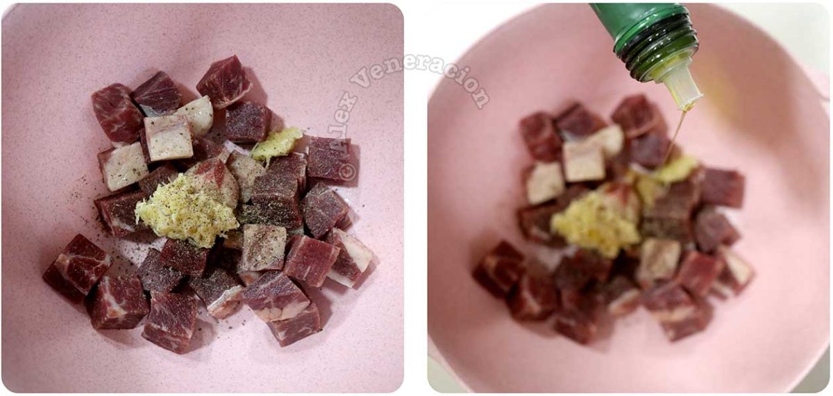 Adding garlic, pepper and olive oil to beef cubes