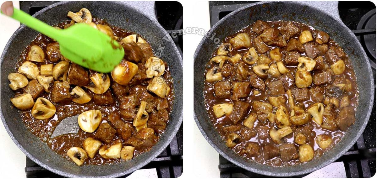 Tossing beef and mushrooms in sauce to make beef salpicao