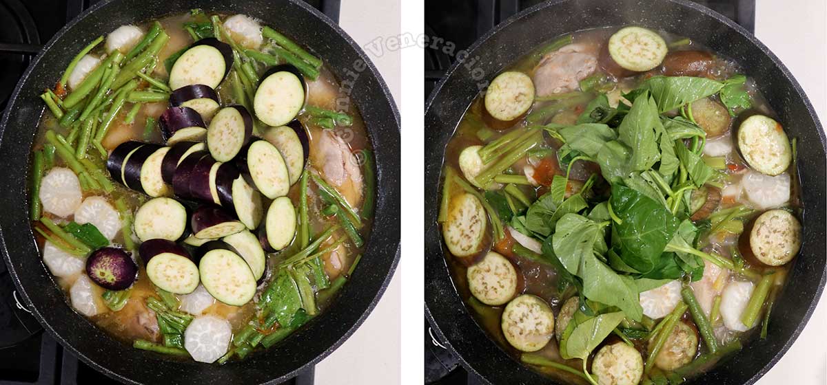 Adding eggplants and water spinach (kangkong) to chicken sinigang