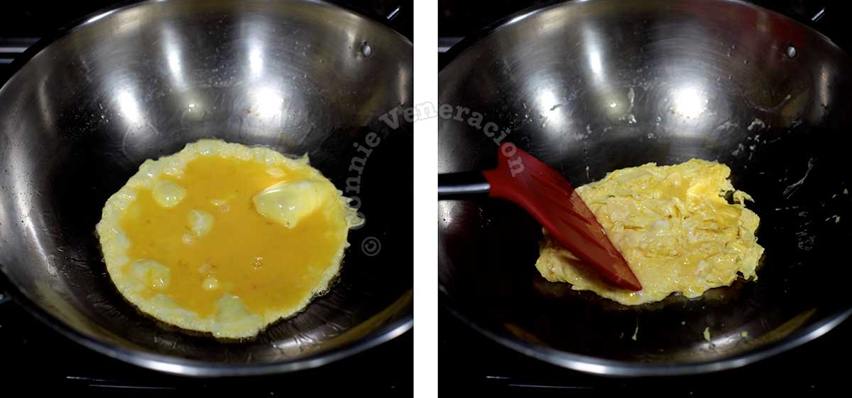 Cooking omelette in wok