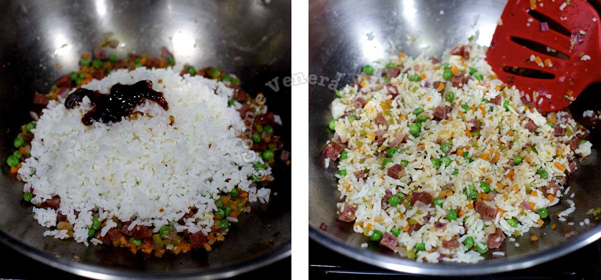 Cooking Chinese-style fried rice in wok