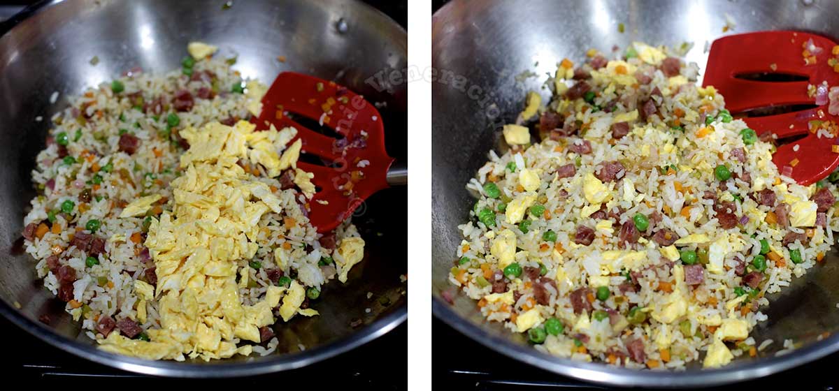 Adding cooked eggs to Chinese-style fried rice