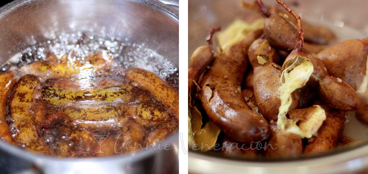 Boiling fresh tamarind until the skins burst and the pulp is soft