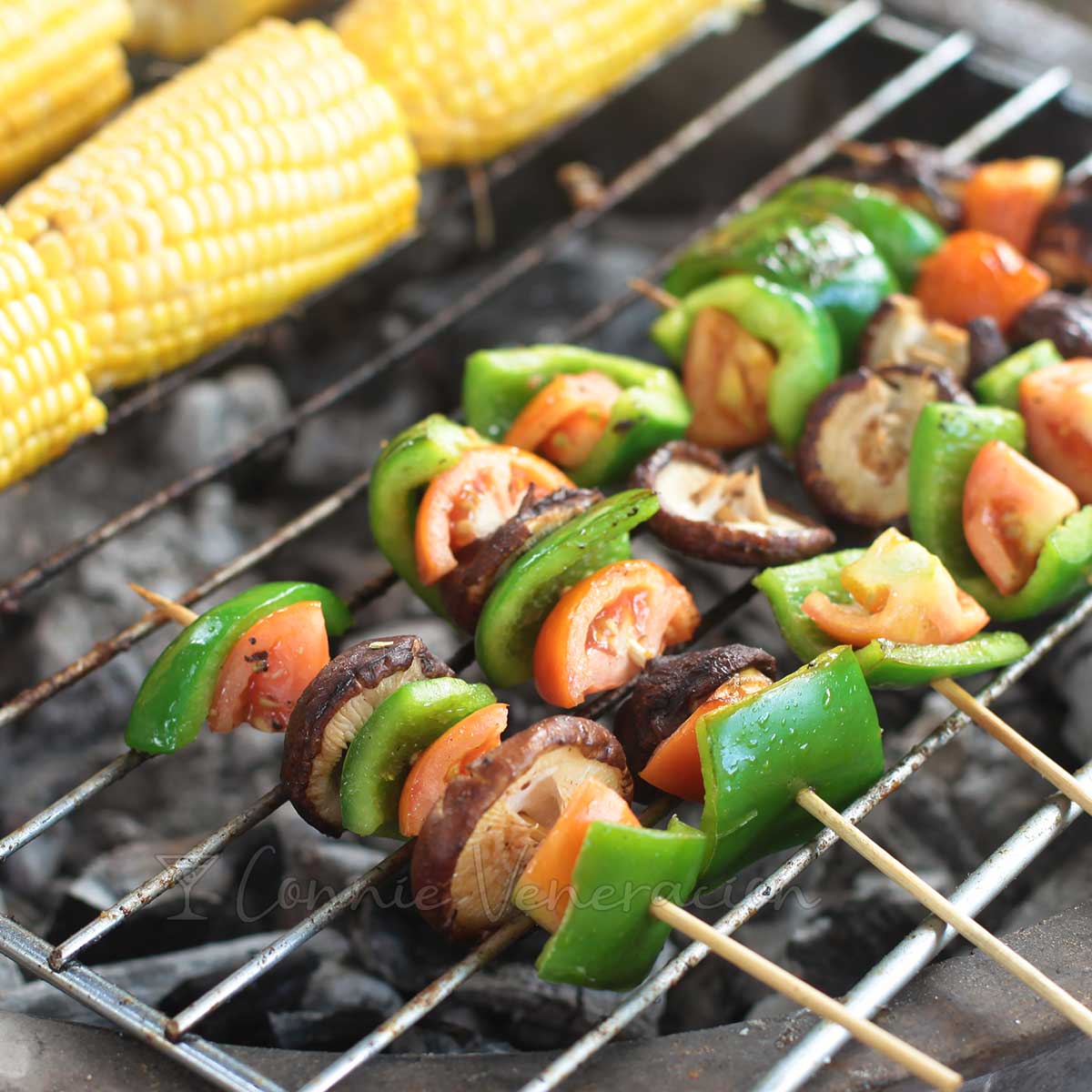 Grilled Skewered Mushrooms and Peppers