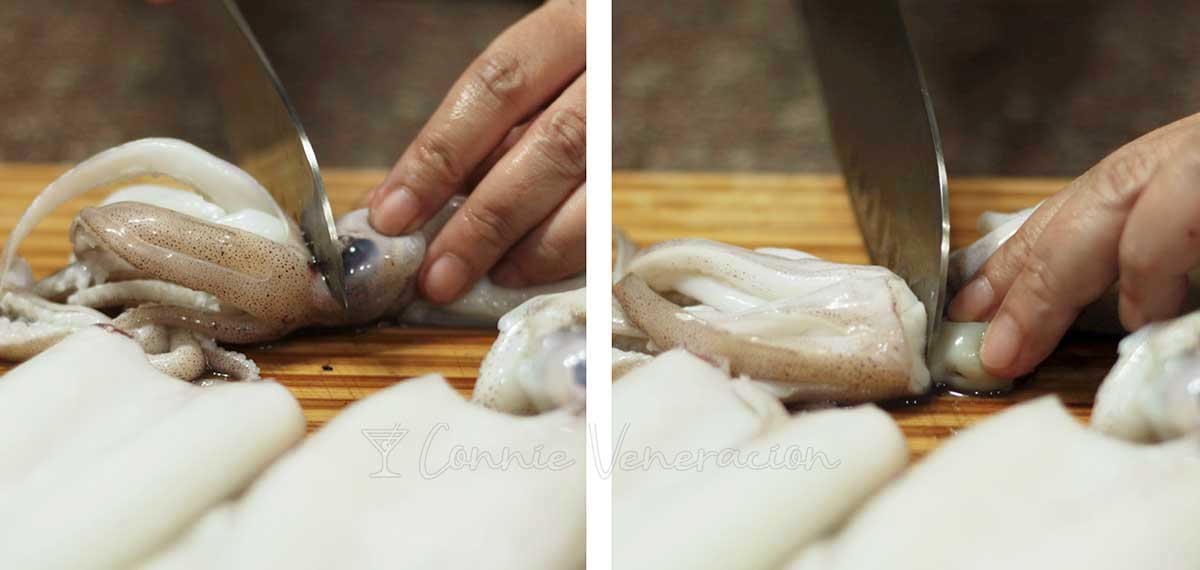 How to clean fresh whole squid (calamari): trimming the tentacles