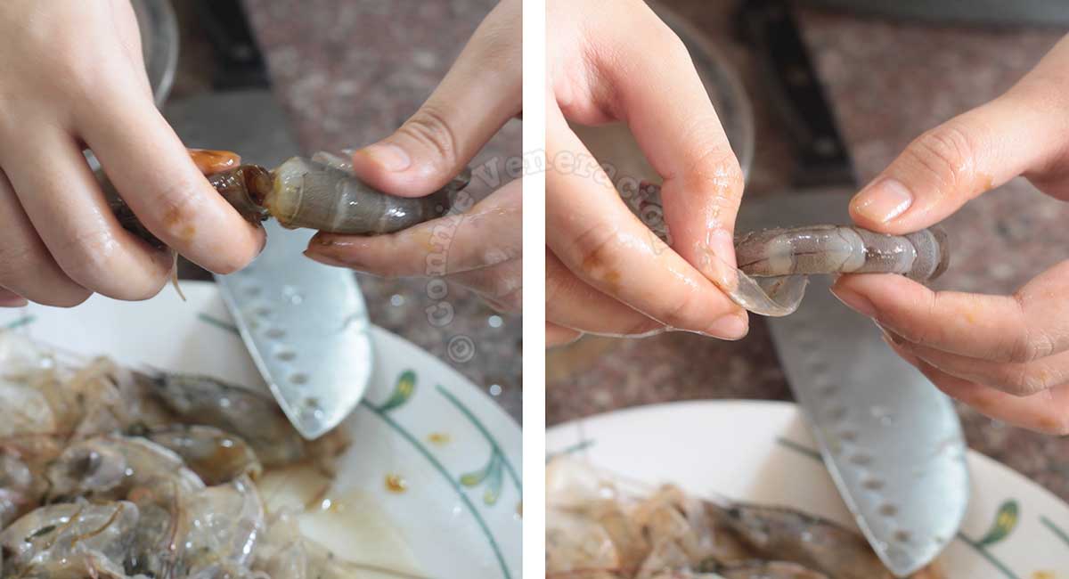 Pulling shrimp head and peeling off shell